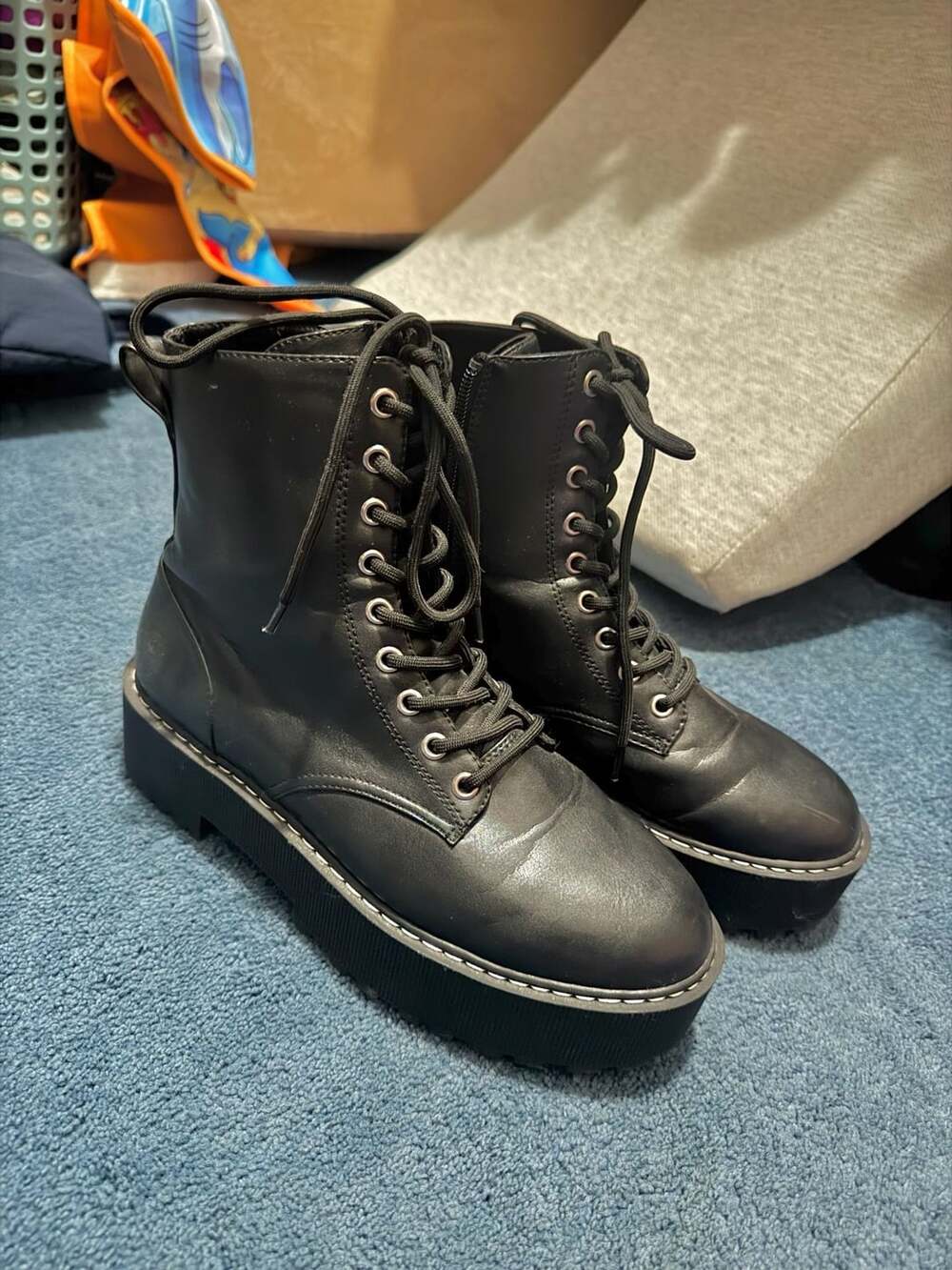 Combat Boots Size US 8.5 Black Chunky Heel